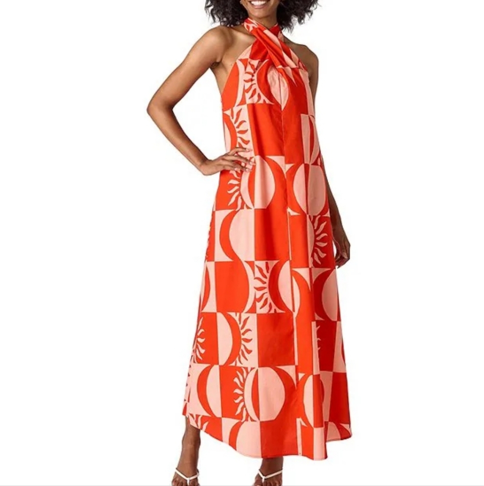CROSBY Cleo Printed Crisscross Halter Neck Self Tie Sleeveless Maxi Dress